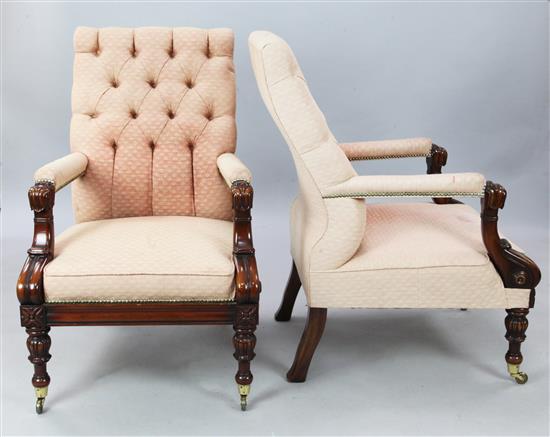A pair of William IV style mahogany buttonback armchairs, W.2ft 3in. H.3ft 5in.